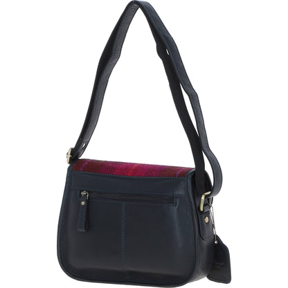 Ashwood Leather TW-27 06-Navy/Pink Leather/Tweed Med Saddle Bag
