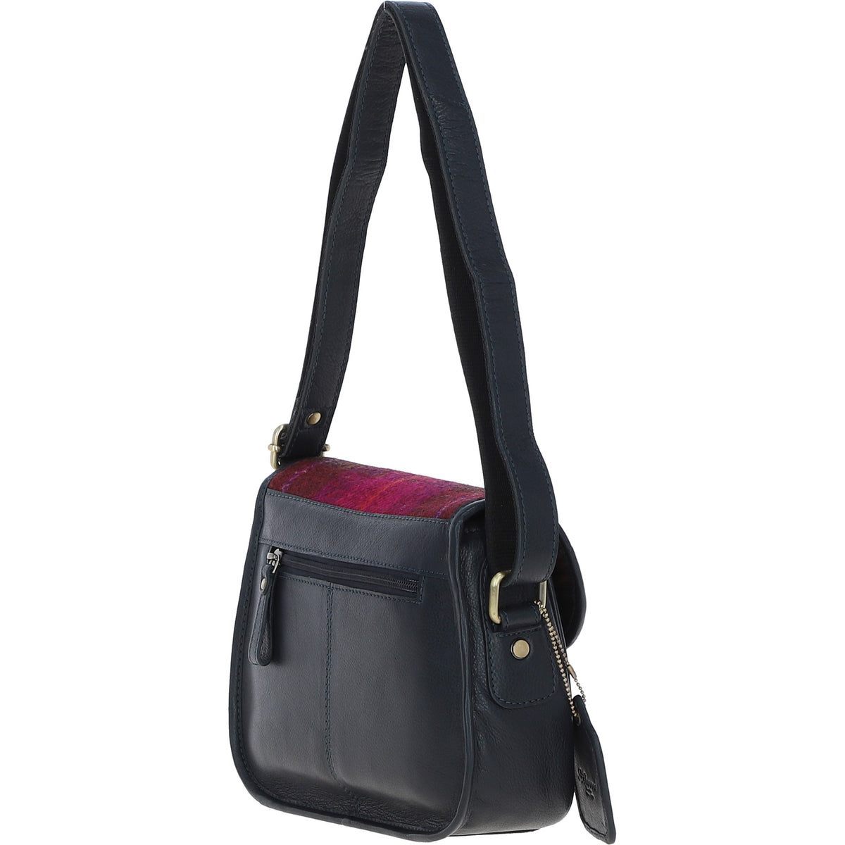 Ashwood Leather TW-27 06-Navy/Pink Leather/Tweed Med Saddle Bag