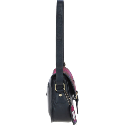 Ashwood Leather TW-27 06-Navy/Pink Leather/Tweed Med Saddle Bag