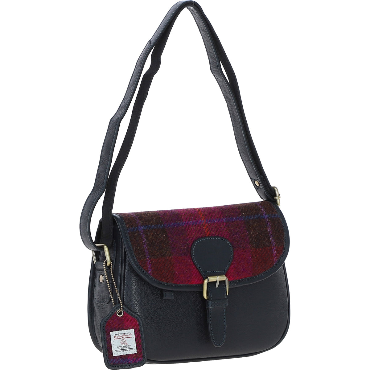 Ashwood Leather TW-27 06-Navy/Pink Leather/Tweed Med Saddle Bag