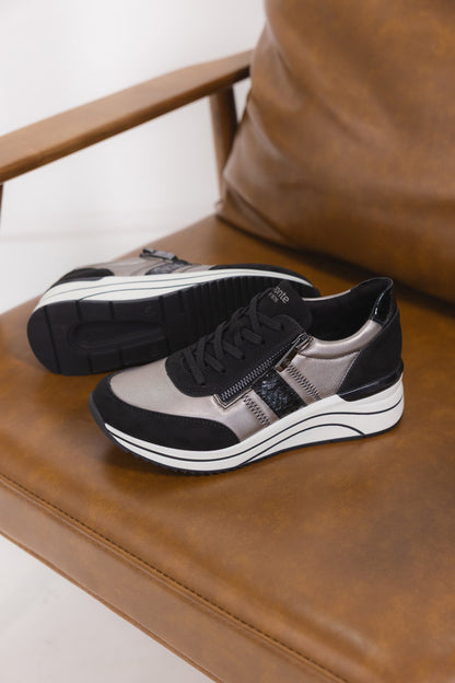 Remonte D0T09-90 Black & Metallic H Fit Sneakers with Zip