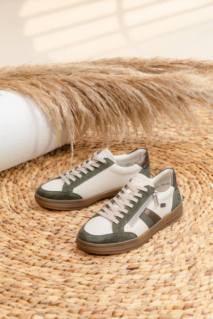Remonte TEX D2C04-60 Green, Cream & Bronze Combi Trainers with Zip