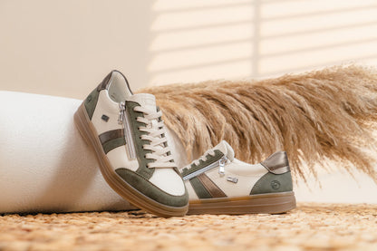 Remonte TEX D2C04-60 Green, Cream & Bronze Combi Trainers with Zip