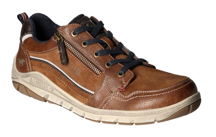 Mustang 4160-301-301 Tan Nubuck Zip Trainers with Navy Laces