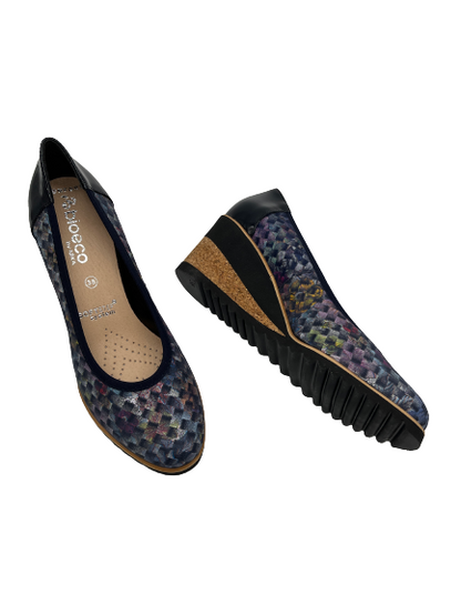 Bioeco by Arka 5152 0956+0355 Blue Multi Navy Leather + Navy Patent Multi Wedge Heels