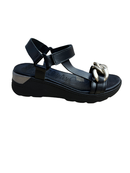 Oh My Sandals 5191 Black Velcro Sandals with Gold Chain