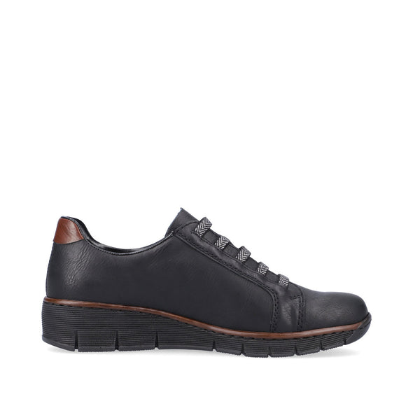 Rieker 53756-00 Black Wedge Shoes with Brown Heel Detailing
