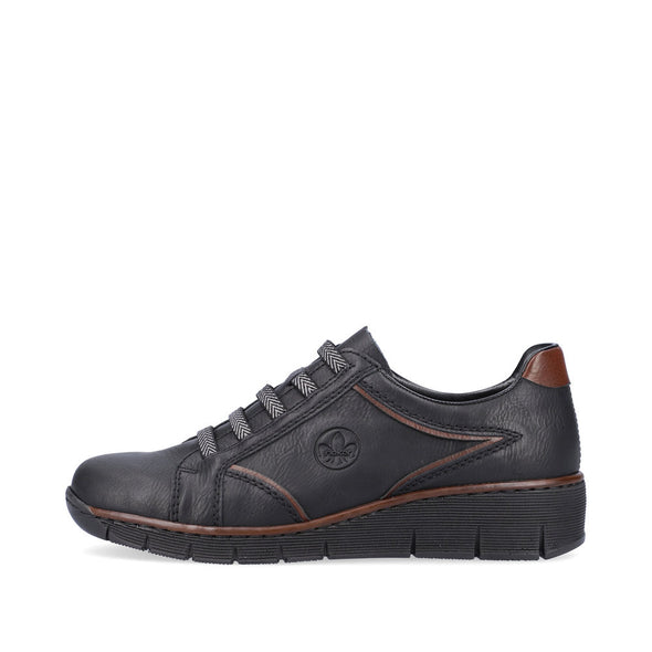 Rieker 53756-00 Black Wedge Shoes with Brown Heel Detailing