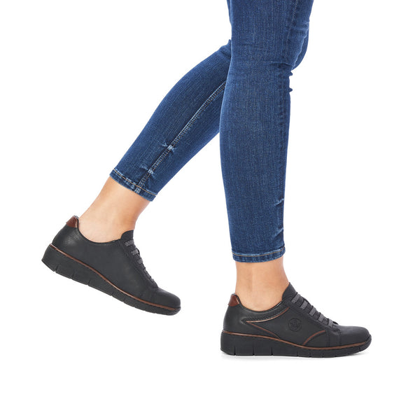 Rieker 53756-00 Black Wedge Shoes with Brown Heel Detailing
