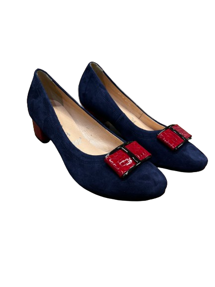 Bioeco by Arka 5632 1217+2075 Navy Suede Heels with Red Bow & Red Block Heel