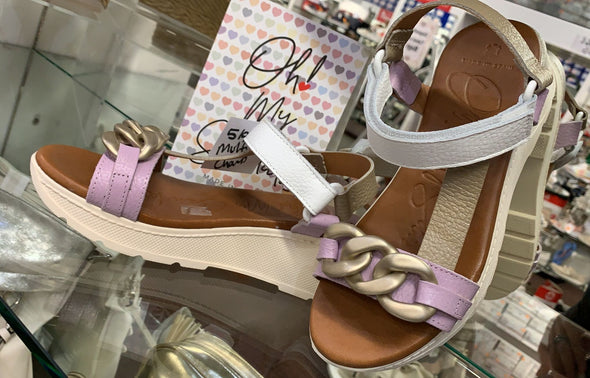 Oh My Sandals 5191 Lilac, Bronze & White Velcro Sandals with Chain