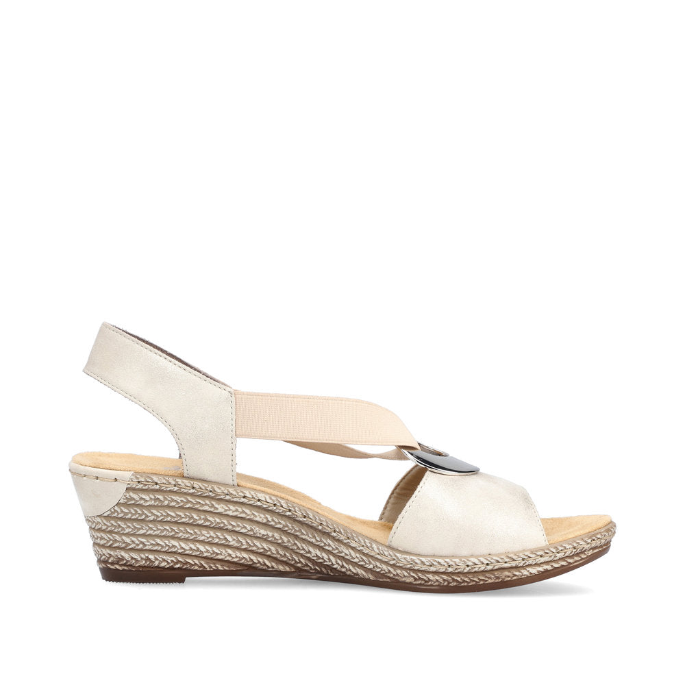 Rieker 624H6-60 Beige Shimmer Wedges with Peep Toe and Slingback Strap