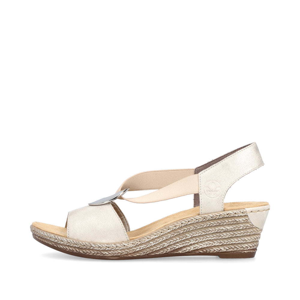 Rieker 624H6-60 Beige Shimmer Wedges with Peep Toe and Slingback Strap