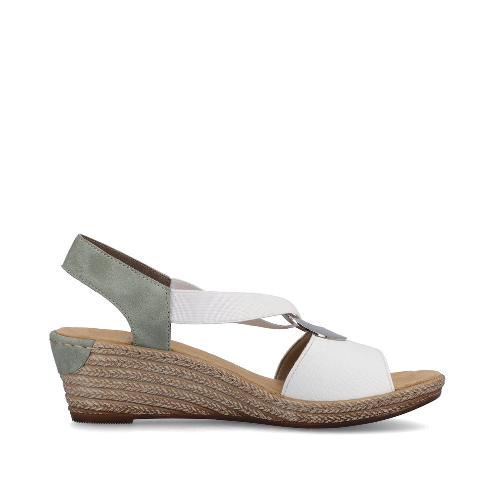 Rieker 624H6-80 White & Mint Green Wedges with Peep Toe & Slingback Strap