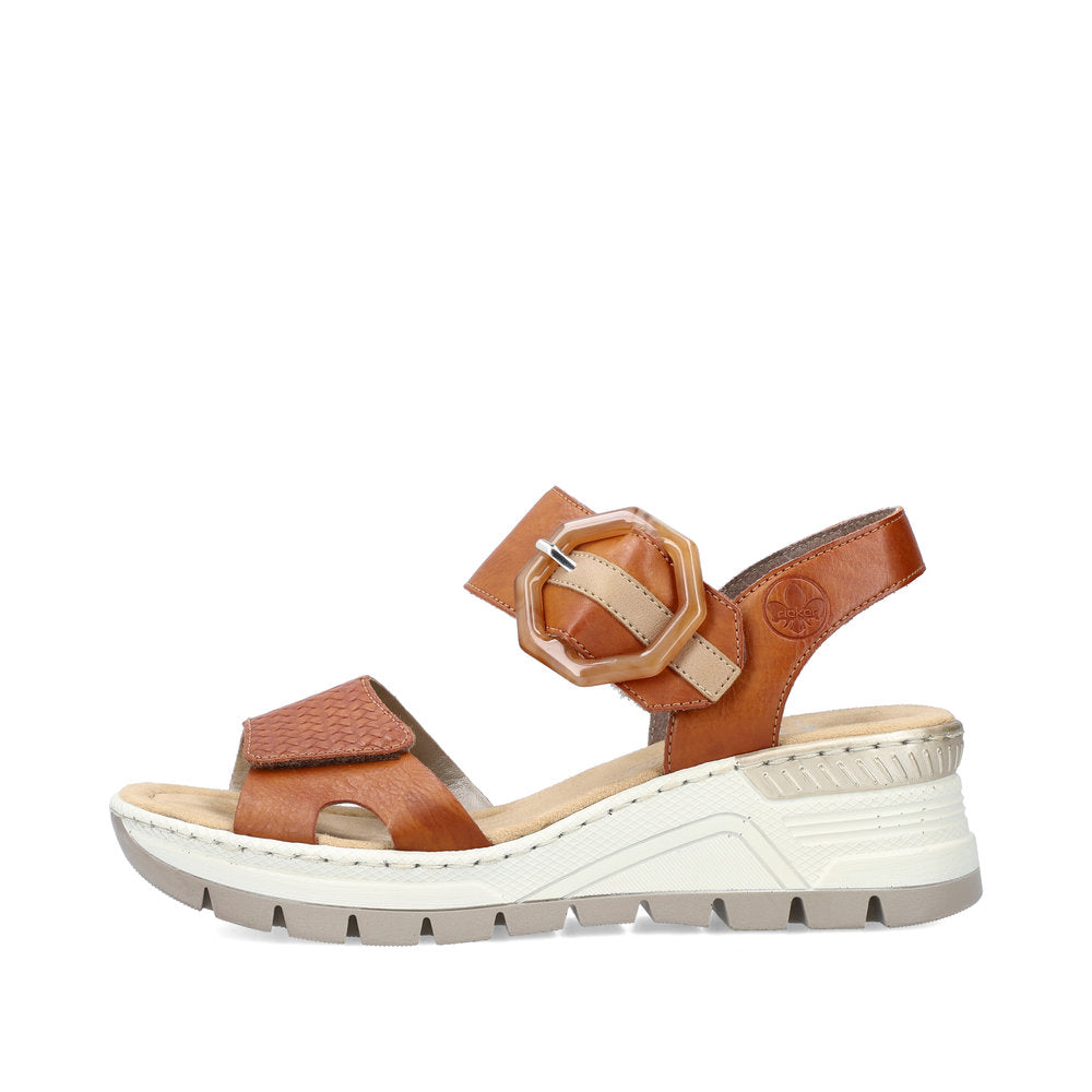 Rieker 66474-24 Beige Brown Wedge Sandals with Slingback Strap and Brown Buckle