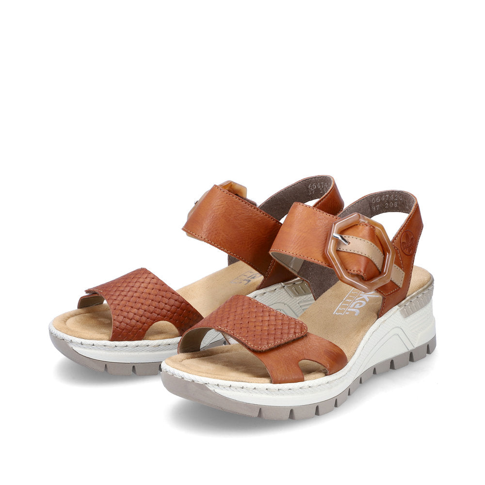 Rieker 66474-24 Beige Brown Wedge Sandals with Slingback Strap and Brown Buckle