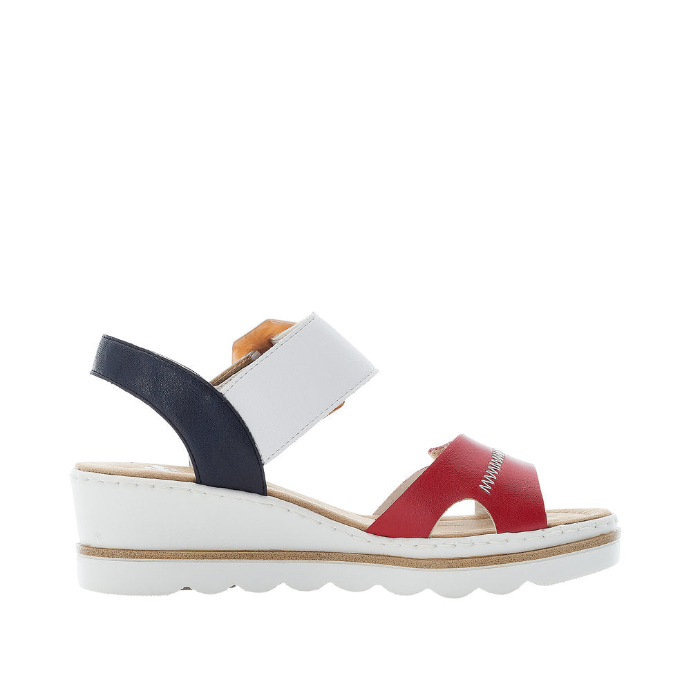 Rieker 67476-33 Red, Navy & White Combi Wedge Sandals with Brown Buckle