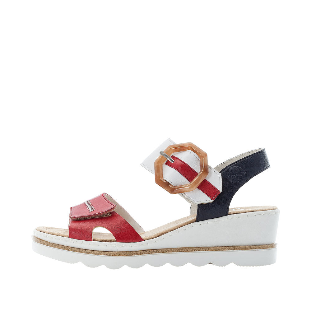 Rieker 67476-33 Red, Navy & White Combi Wedge Sandals with Brown Buckle