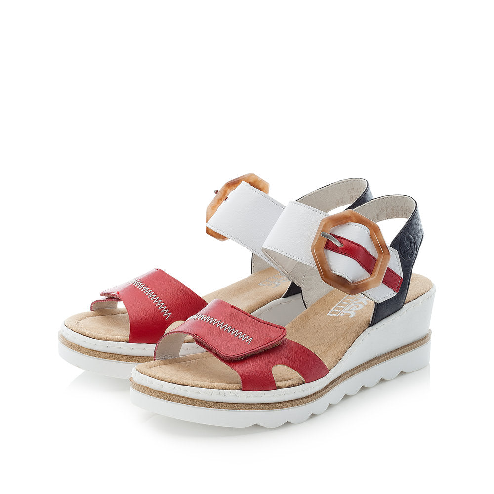 Rieker 67476 33 Red Navy White Combi Wedge Sandals with Brown