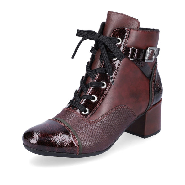 Rieker 70201-35 Wine Combi Heel Ankle Boots with Laces & Side Buckle