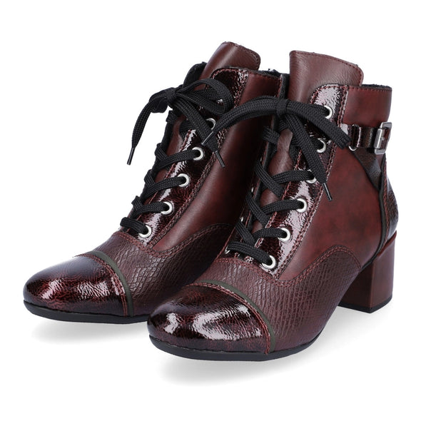 Rieker 70201-35 Wine Combi Heel Ankle Boots with Laces & Side Buckle