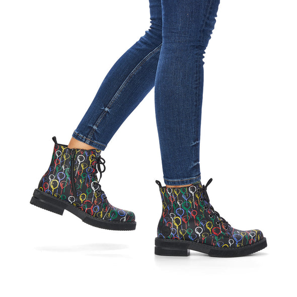Rieker 72010-91 Black Multi Boots with Colourful Balloon Detailing