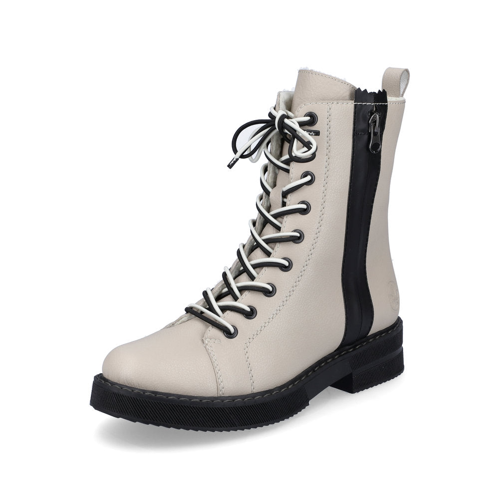 Rieker 72016-60 Cream Boots with Black Zip & Black/White Mix Laces