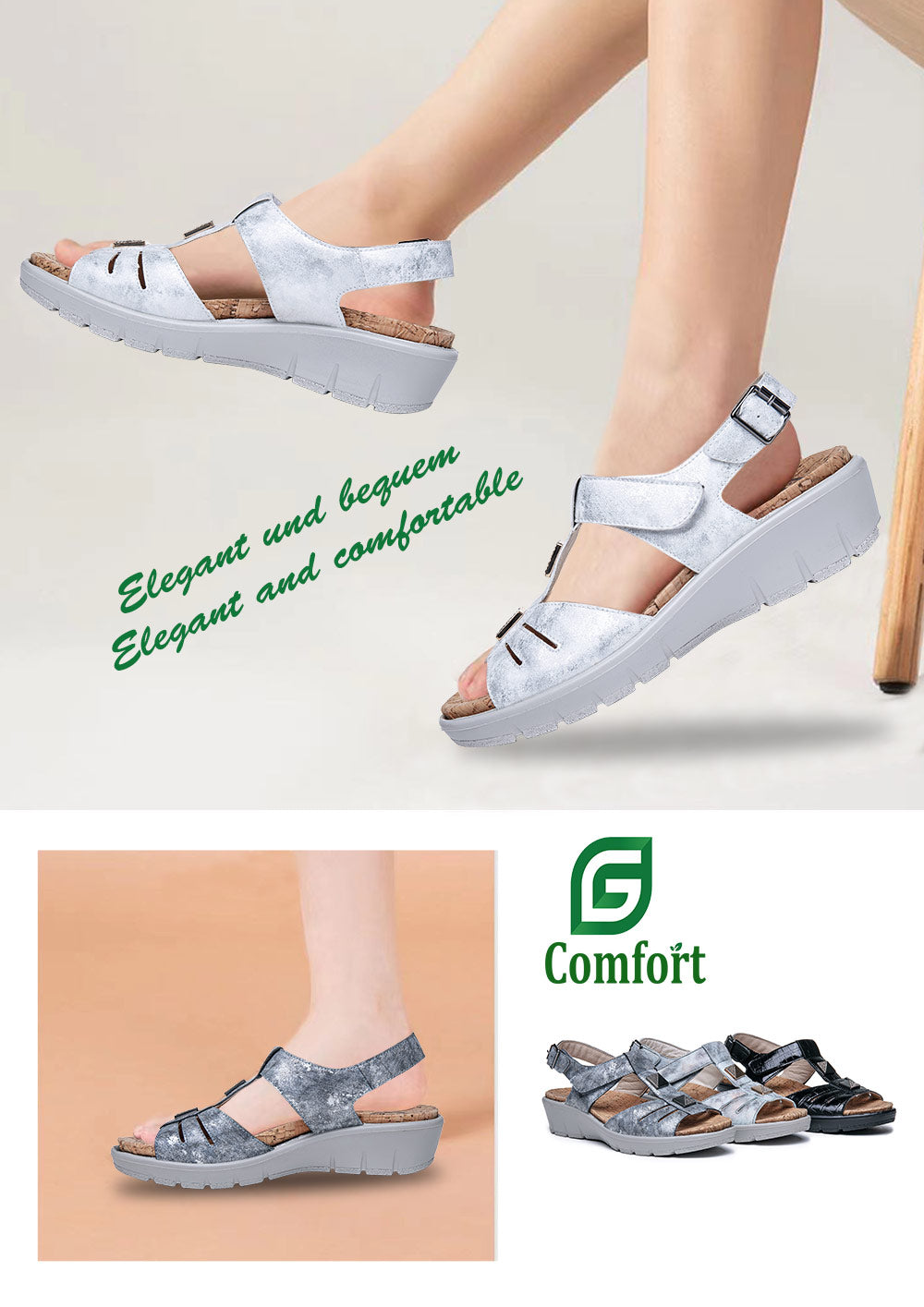 G Comfort 798-11 Dark Grey Tin Patent Sandals