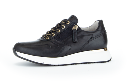 Gabor 96.448.57 Comfort  Black & Gold H Fit Sneakers with Zip & Gold Laces