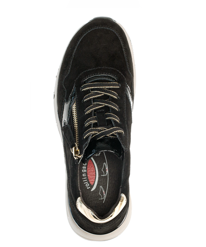 Gabor 96.898.67 Rollingsoft Black Suede Sneakers with Zip & Gold Heel