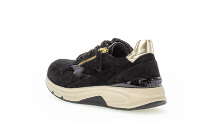 Gabor 96.898.67 Rollingsoft Black Suede Sneakers with Zip & Gold Heel