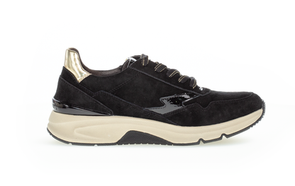 Gabor 96.898.67 Rollingsoft Black Suede Sneakers with Zip & Gold Heel