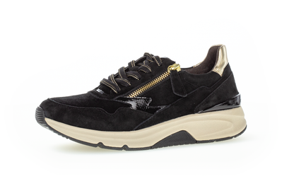Gabor 96.898.67 Rollingsoft Black Suede Sneakers with Zip & Gold Heel