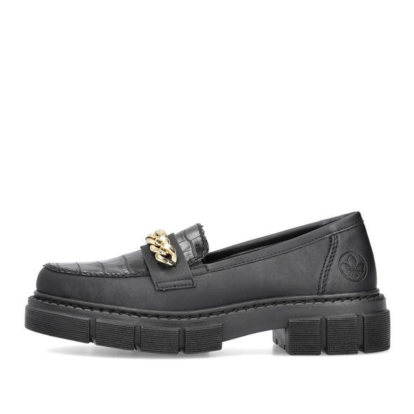Rieker M3861-02 Black Croc Slip On Shoes with Gold Chain