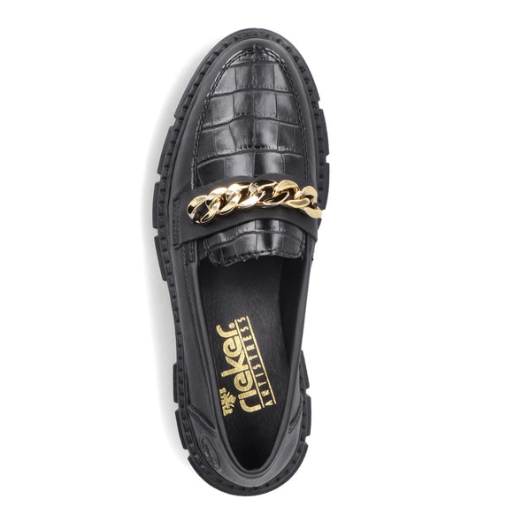 Rieker M3861-02 Black Croc Slip On Shoes with Gold Chain