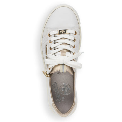Rieker N5932-80 White Sneakers with Gold Zip & Gold Back