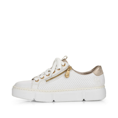 Rieker N5932-80 White Sneakers with Gold Zip & Gold Back