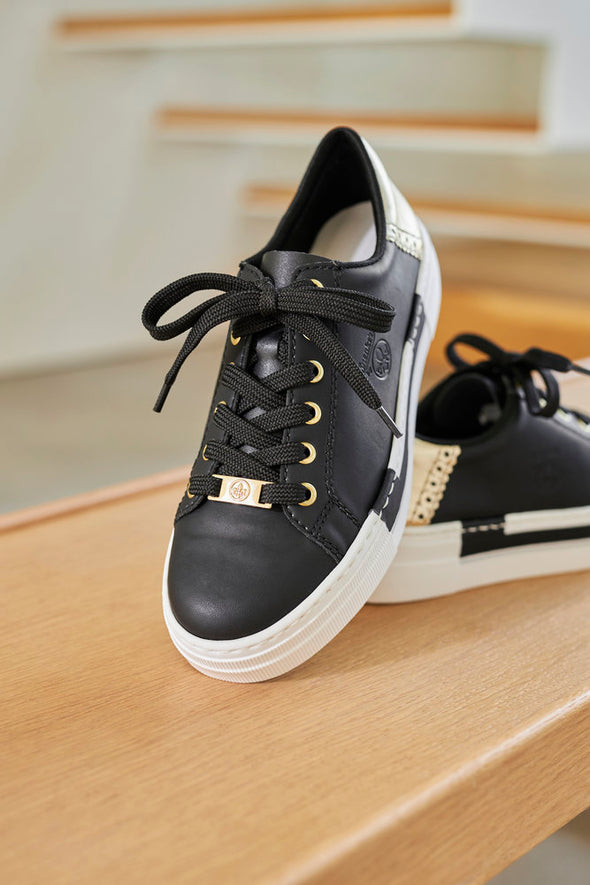 Rieker N4931-00 Black Sneakers with Light Gold Heel Detailing