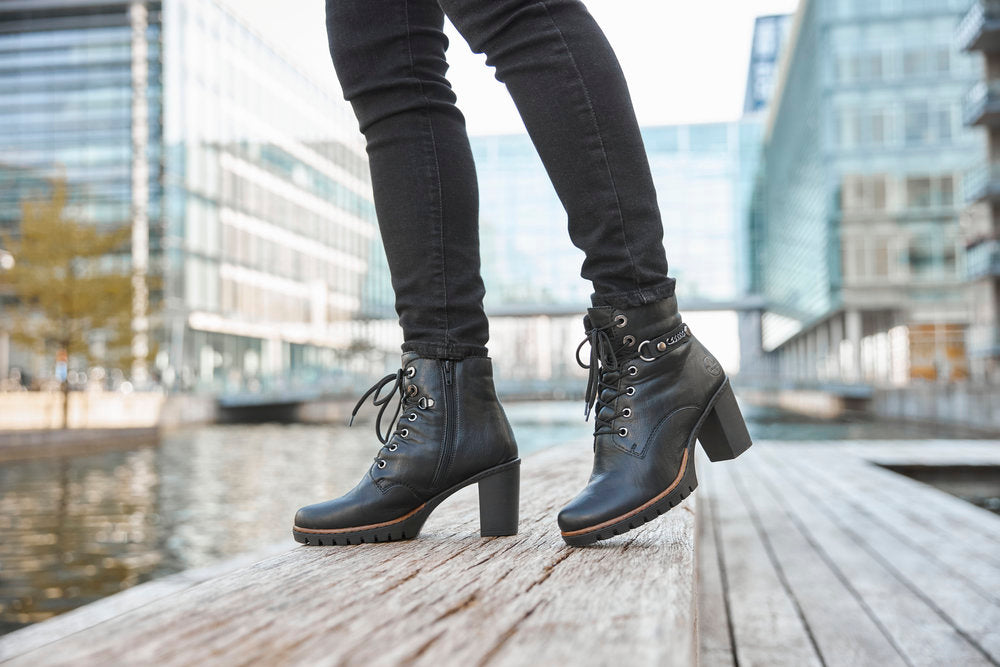 Rieker Y2533-00 Black Heel Ankle Boots with Laces & Chain