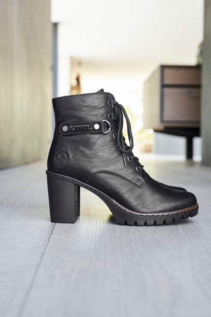 Rieker Y2533-00 Black Heel Ankle Boots with Laces & Chain