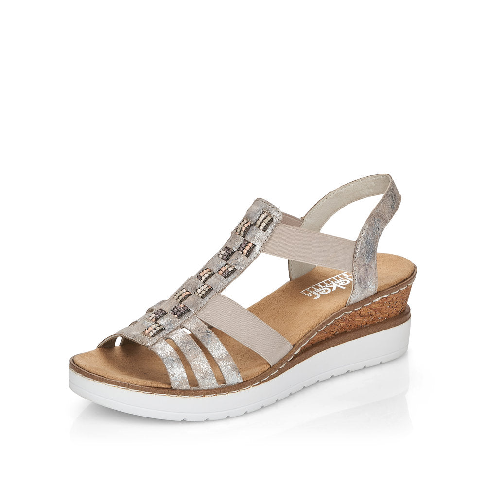 Rieker V3822-90 Metallic Rose Wedge Sandals with Slingback Strap and Bead Detailing