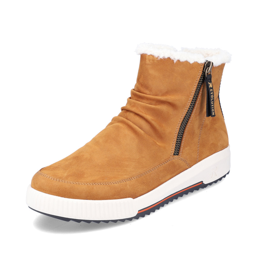 Rieker W0163-68 Evolution Yellow Mustard/Camel & White Fur Ankle Boots
