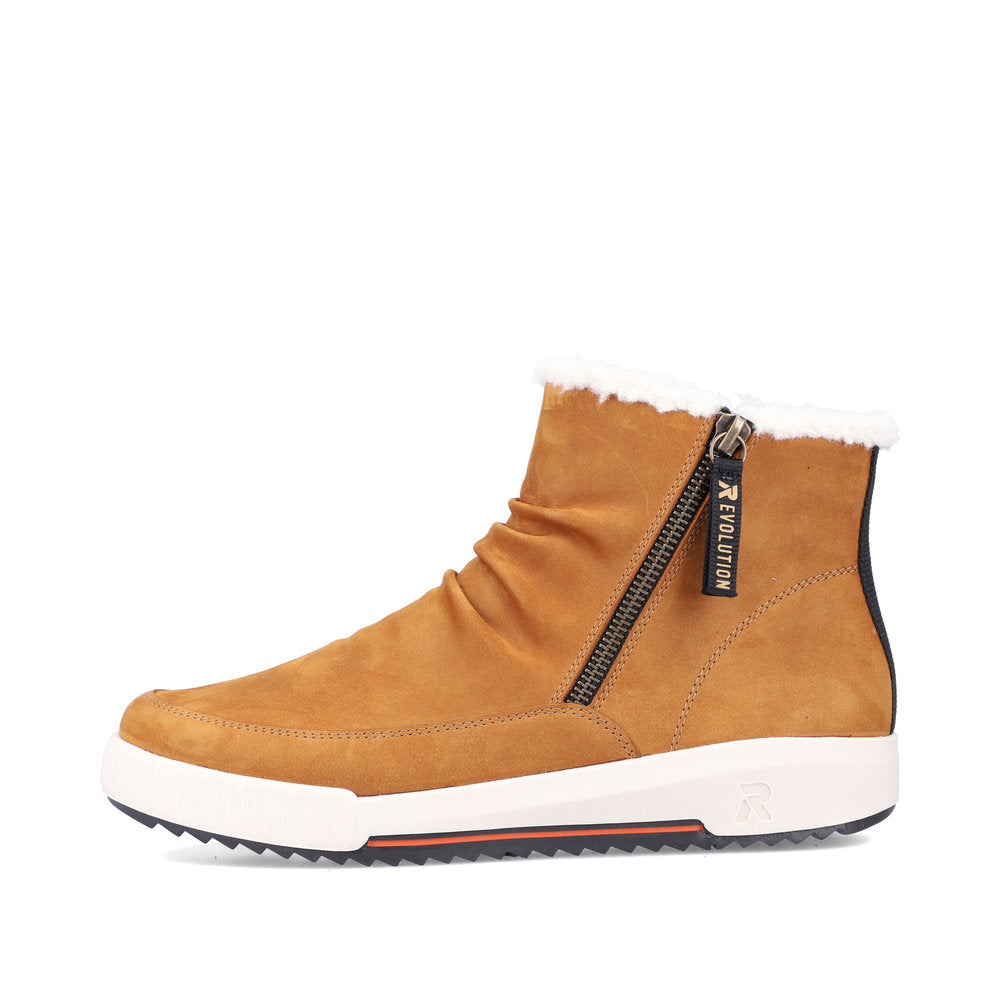 Rieker W0163-68 Evolution Yellow Mustard/Camel & White Fur Ankle Boots