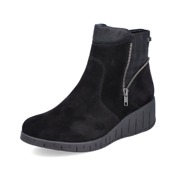 Rieker Y1360-00 Tex Black Suede Wedge Boots with Gold Zip Detailing