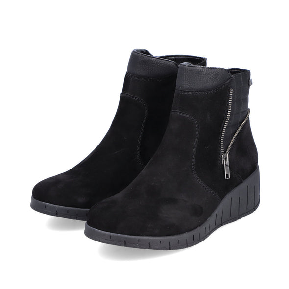 Rieker Y1360-00 Tex Black Suede Wedge Boots with Gold Zip Detailing