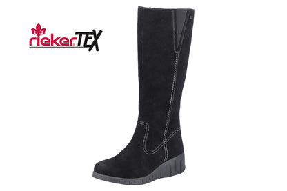 Rieker Y1391-00 Tex Black Suede Wedge Knee High Boots