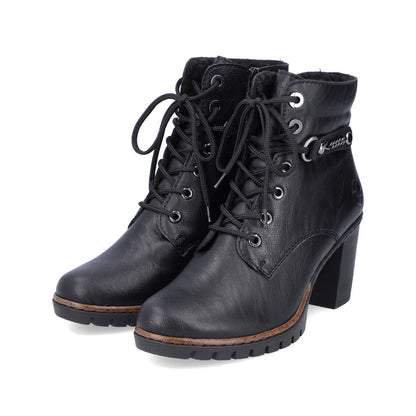 Rieker Y2533-00 Black Heel Ankle Boots with Laces & Chain