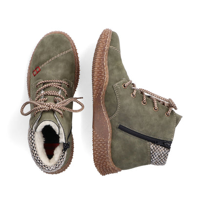 Rieker Y8441-54 Khaki Green Boots with Tan Laces