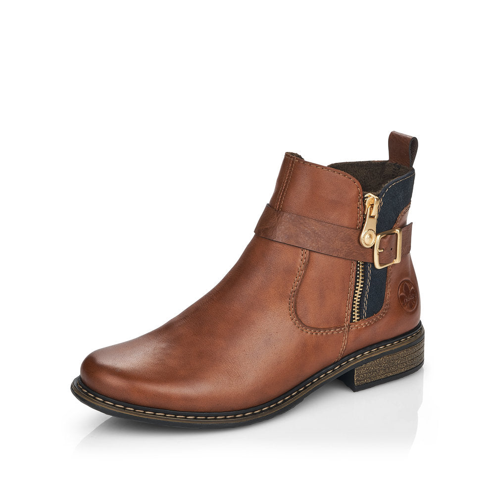 Rieker Z4959-22 Brown Ankle Boots with Gold Side Buckle