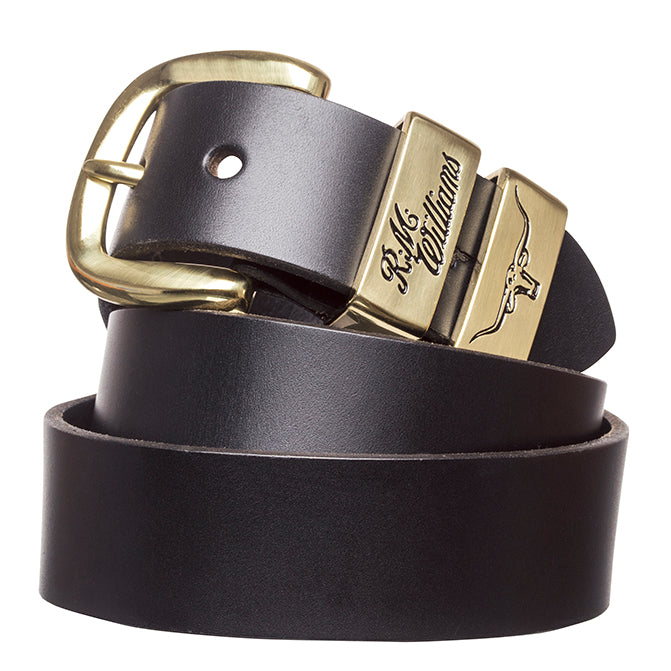 RM Williams CB444.02 Black 1 1/2 Inch 3 Piece Solid Hide Belt with Brass Buckle